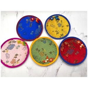 Vintage Set of Five Embroidered Korean Fabric Tea Coasters Assorted Colors